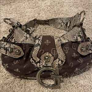 Guess Brown Monogram Shoulder Bag with Snake-Print Trim